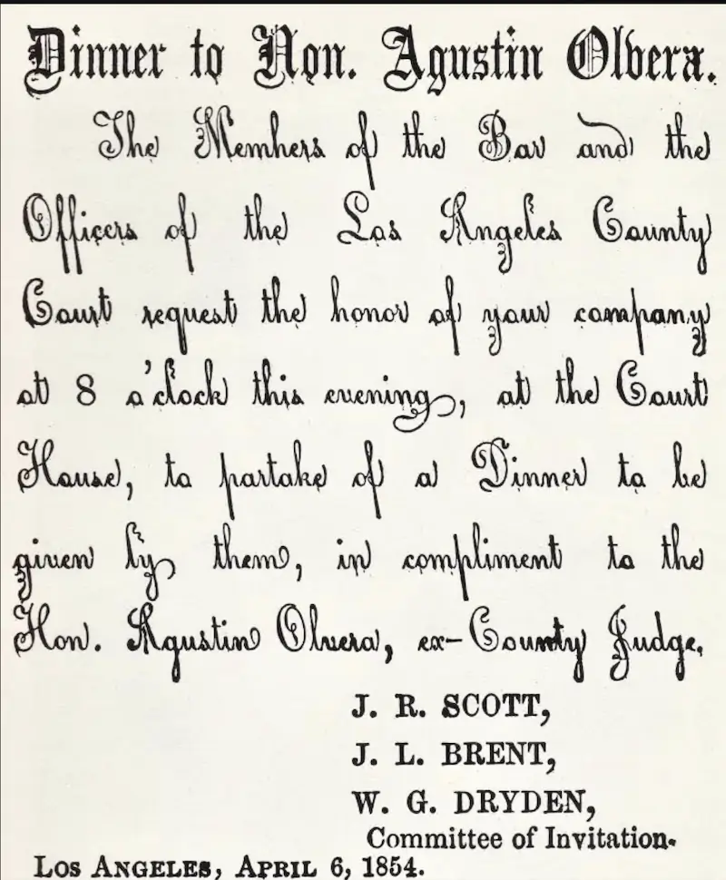 Bar holds dinner in Judge Olvera's Honor 1854, Los Angeles Dinner in 1854